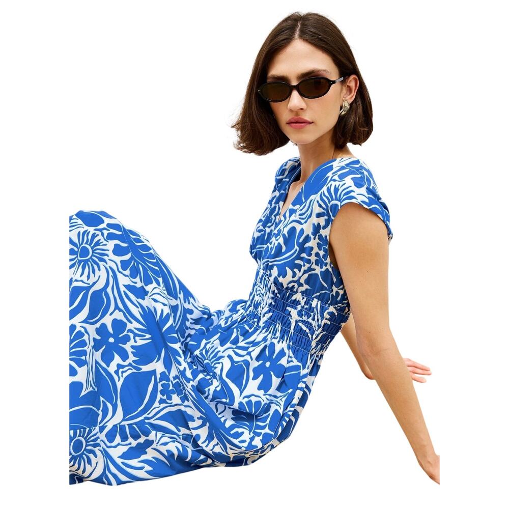 Rails Roxanne Dress XL Blue Riviera Tropical Floral Smocked Waist Midi - Picture 3 of 16